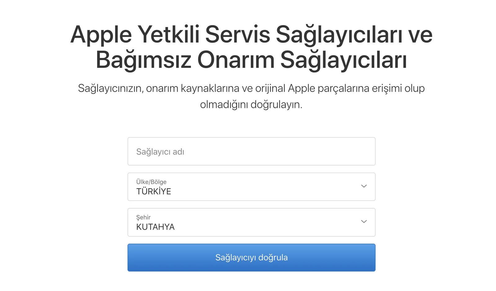 Ülke TÜRKİYE ve şehir KUTAHYA seçilmiş doğrulama formu